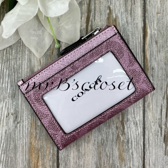Coach Mini Skinny Id Case In Signature Canvas & Pink Metallic WalletBag Purse - Picture 3 of 7